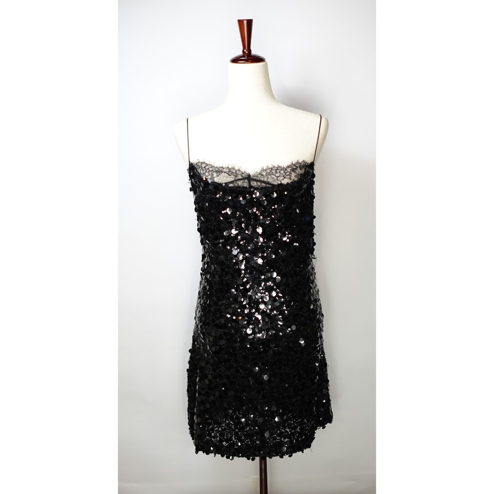 Zara Black Sequin Mini Dress with Lace Trim Spaghetti Strap Low Back Party